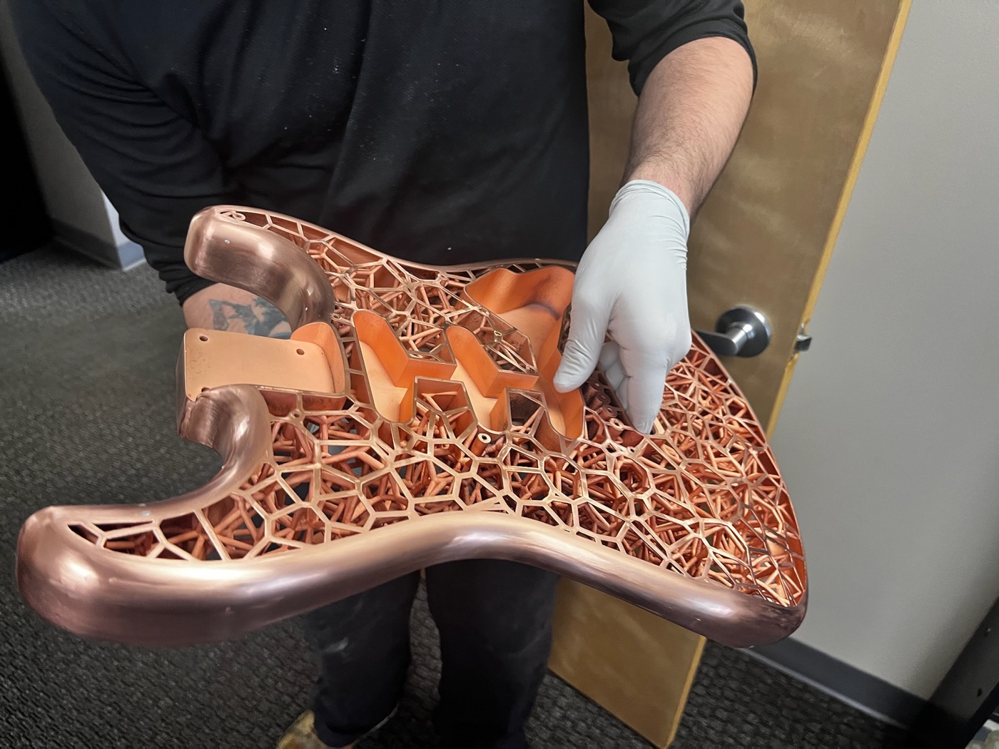 Copper electroplated Stratocaster body, rear view, showing neck pocket and control cavities