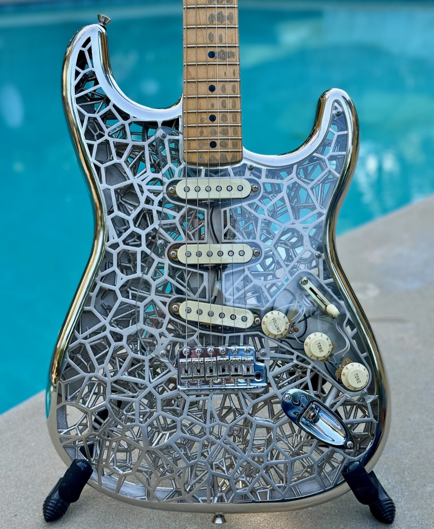 The NASAcaster — nickel-plated Voronoi lattice Stratocaster