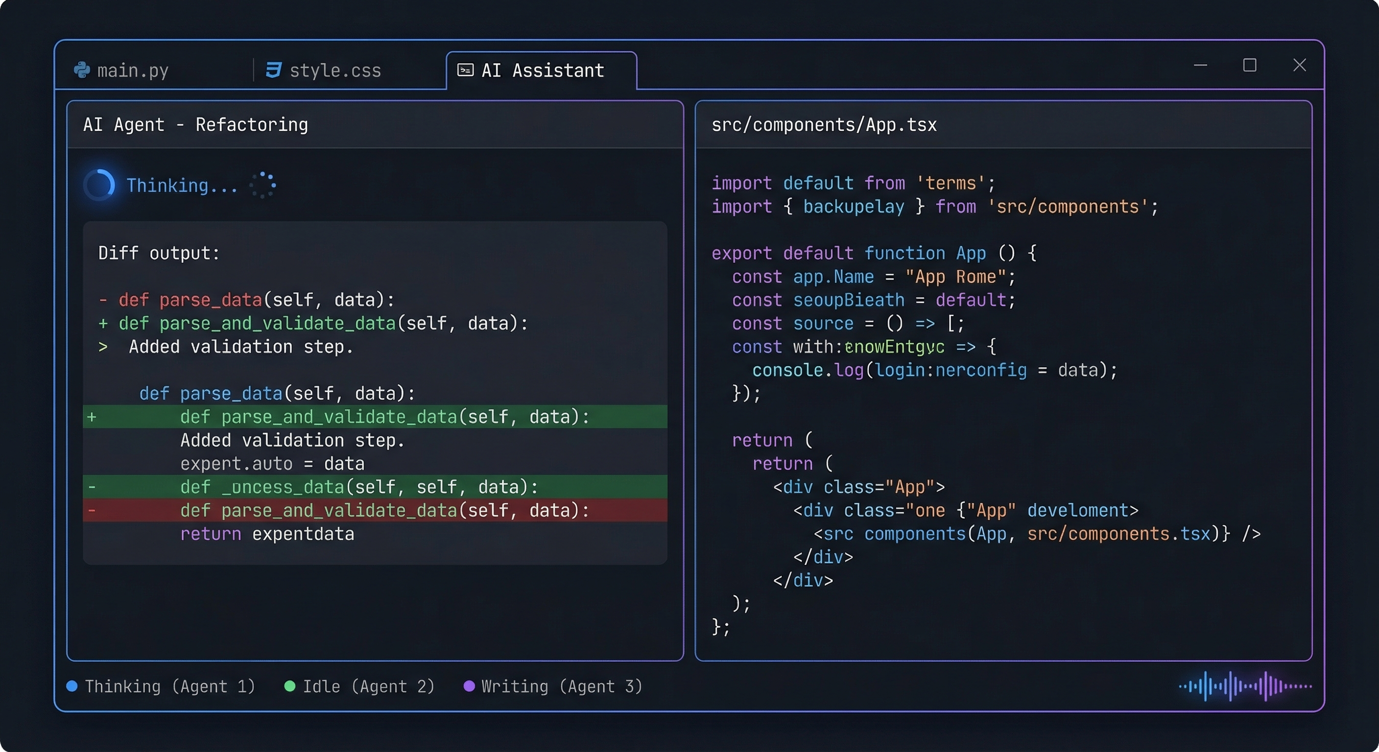 Ryngo terminal emulator with split panes, AI agent status bar, and voice waveform indicator