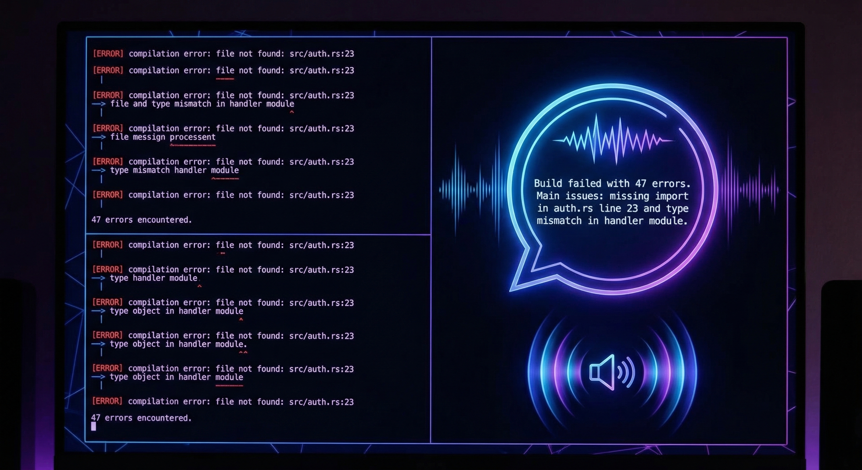 Ryngo intelligent TTS summarizing build errors into a spoken summary